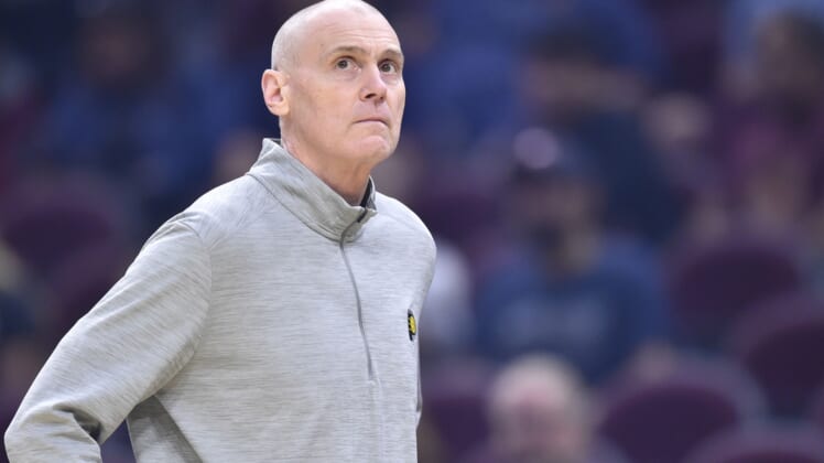 Oct 8, 2021; Cleveland, Ohio, USA; Indiana Pacers head coach Rick Carlisle reacts in the fourth quarter against the Cleveland Cavaliers at Rocket Mortgage FieldHouse. Mandatory Credit: David Richard-USA TODAY Sports