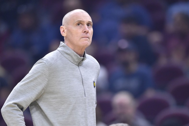 Oct 8, 2021; Cleveland, Ohio, USA; Indiana Pacers head coach Rick Carlisle reacts in the fourth quarter against the Cleveland Cavaliers at Rocket Mortgage FieldHouse. Mandatory Credit: David Richard-USA TODAY Sports