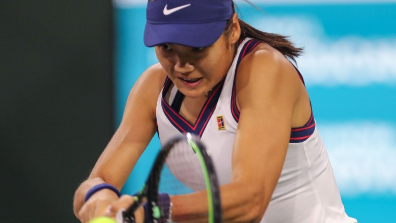 Emma Raducanu hits during her match against Aliaksandra Sasnovich at the BNP Paribas Open in Indian Wells, Friday, October 8, 2021.

Bnp Paribas Friday 14