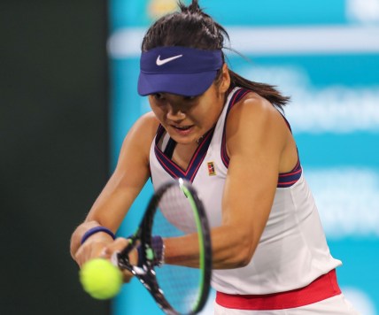 Emma Raducanu hits during her match against Aliaksandra Sasnovich at the BNP Paribas Open in Indian Wells, Friday, October 8, 2021.

Bnp Paribas Friday 14