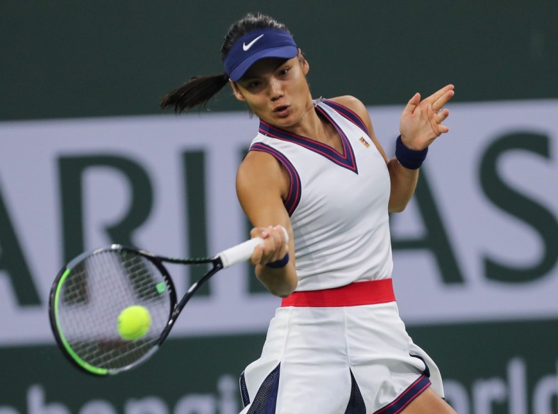 Emma Raducanu hits a forehand during her match against Aliaksandra Sasnovich during the BNP Paribas Open in Indian Wells, Friday, October 8, 2021.

Bnp Paribas Friday 2
