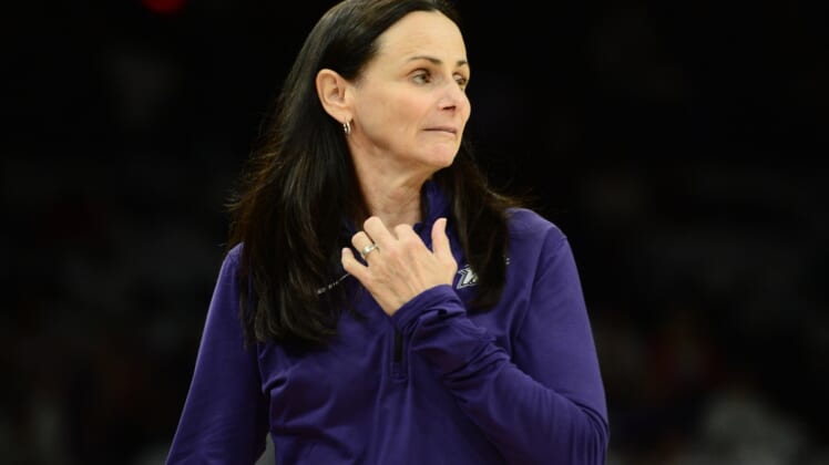 Oct 10, 2021; Phoenix, Arizona, USA; Phoenix Mercury head coach Sandy Brondello looks on against the Chicago Sky during the first half of game one of the 2021 WNBA Finals at Footprint Center. Mandatory Credit: Joe Camporeale-USA TODAY Sports