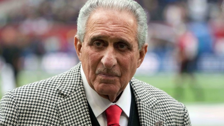 Oct 10, 2021; London, England, United Kingdom; Atlanta Falcons owner Arthur Blank reacts during an NFL International Series game against the New York Jets at Tottenham Hotspur Stadium. The Falcons defeated the Jets 27-20. Mandatory Credit: Kirby Lee-USA TODAY Sports