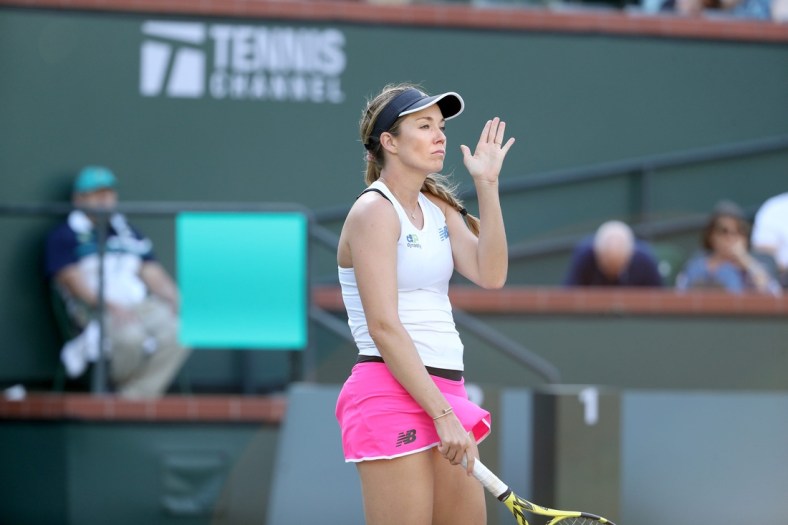 American Danielle Collins reacts during her loss to Ons Jabeur of Tunisia at the BNP Paribas Open in Indian Wells, Calif., on October 11, 2021.

Ons Jabeur Vs Danielle Collins Bnp Paribas2111