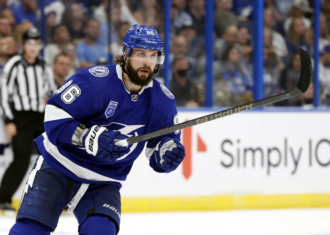 Oct 12, 2021; Tampa, Florida, USA; Tampa Bay Lightning right wing Nikita Kucherov (86) skates against the Pittsburgh Penguins during the third period at Amalie Arena. Mandatory Credit: Kim Klement-USA TODAY Sports