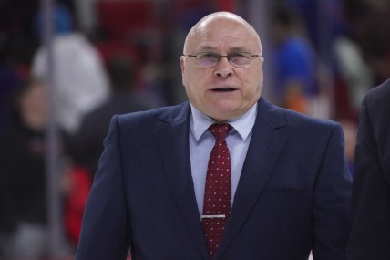 Oct 14, 2021; Raleigh, North Carolina, USA;  New York Islanders head coach Barry Trotz walks off the ice after the game against the Carolina Hurricanes at PNC Arena. Mandatory Credit: James Guillory-USA TODAY Sports