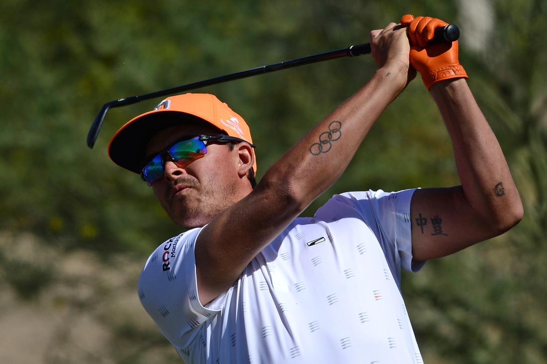 Oct 17, 2021; Las Vegas, Nevada, USA; Rickie Fowler tees off on the second during the final round of the CJ Cup golf tournament. Mandatory Credit: Joe Camporeale-USA TODAY Sports