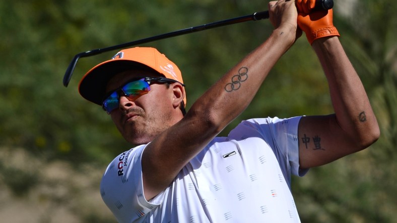 Oct 17, 2021; Las Vegas, Nevada, USA; Rickie Fowler tees off on the second during the final round of the CJ Cup golf tournament. Mandatory Credit: Joe Camporeale-USA TODAY Sports