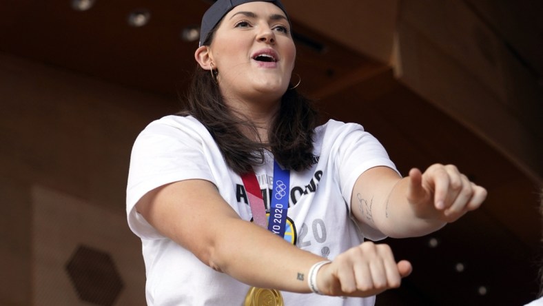 Oct 19, 2021; Chicago, IL, USA; Chicago Sky center Stefanie Dolson (31) celebrates the Sky   s championship at Millennium Park. Mandatory Credit: David Banks-USA TODAY Sports