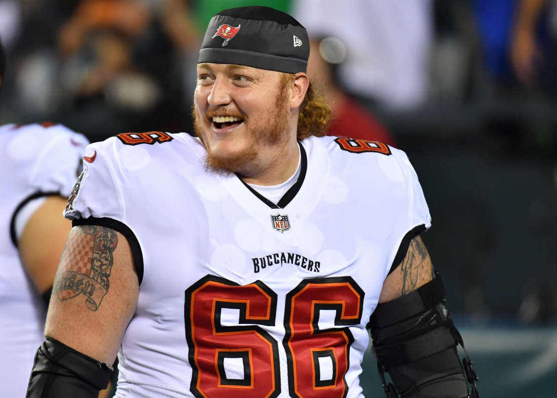 Oct 14, 2021; Philadelphia, Pennsylvania, USA; Tampa Bay Buccaneers center Ryan Jensen (66) during warmups against the Philadelphia Eagles at Lincoln Financial Field. Mandatory Credit: Eric Hartline-USA TODAY Sports