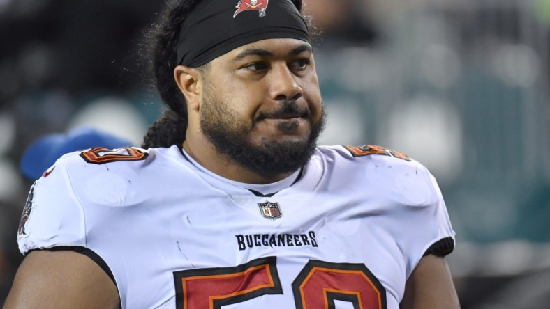 Oct 14, 2021; Philadelphia, Pennsylvania, USA; Tampa Bay Buccaneers nose tackle Vita Vea (50) against the Philadelphia Eagles at Lincoln Financial Field. Mandatory Credit: Eric Hartline-USA TODAY Sports