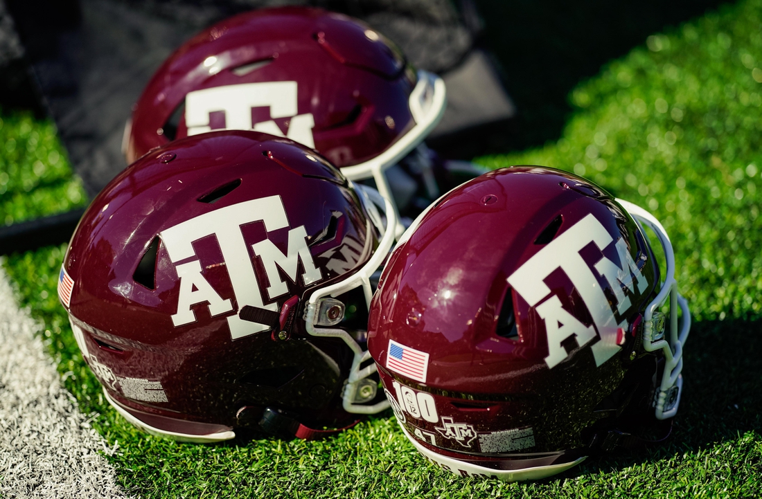 Oct 16, 2021; Columbia, Missouri, USA; A detailed view of Texas A&M Aggies helmets during the second half against the Missouri Tigers at Faurot Field at Memorial Stadium. Mandatory Credit: Jay Biggerstaff-USA TODAY Sports