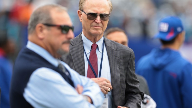 Oct 24, 2021; East Rutherford, New Jersey, USA; New York Giants owner John Mara (right) looks on with general manager Dave Gettleman (left) before the game against the Carolina Panthers at MetLife Stadium. Mandatory Credit: Vincent Carchietta-USA TODAY Sports