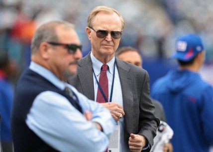 Oct 24, 2021; East Rutherford, New Jersey, USA; New York Giants owner John Mara (right) looks on with general manager Dave Gettleman (left) before the game against the Carolina Panthers at MetLife Stadium. Mandatory Credit: Vincent Carchietta-USA TODAY Sports