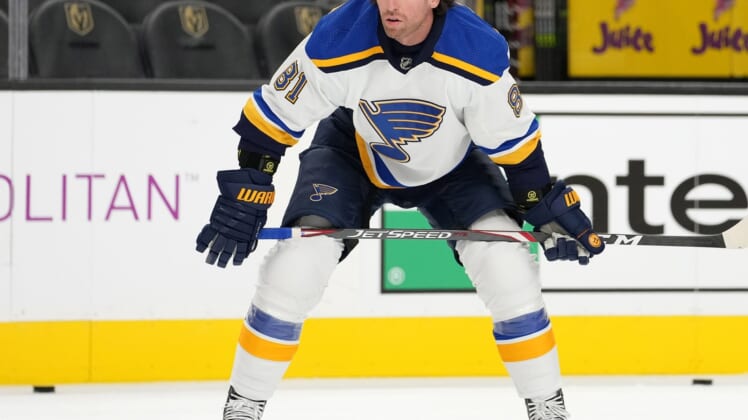 Oct 20, 2021; Las Vegas, Nevada, USA; St. Louis Blues left wing James Neal (81) before the start of a game against the Vegas Golden Knights at T-Mobile Arena. Mandatory Credit: Stephen R. Sylvanie-USA TODAY Sports