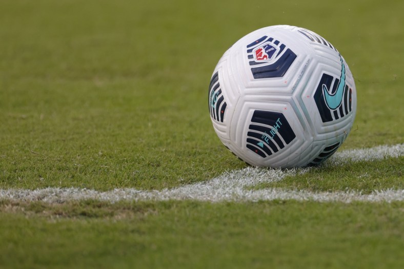 Oct 31, 2021; Washington, DC, USA; A view of a match. Ball on the field during the match between the Washington Spirit and the Houston Dash during the second half in a NWSL soccer match at Audi Field. Mandatory Credit: Geoff Burke-USA TODAY Sports