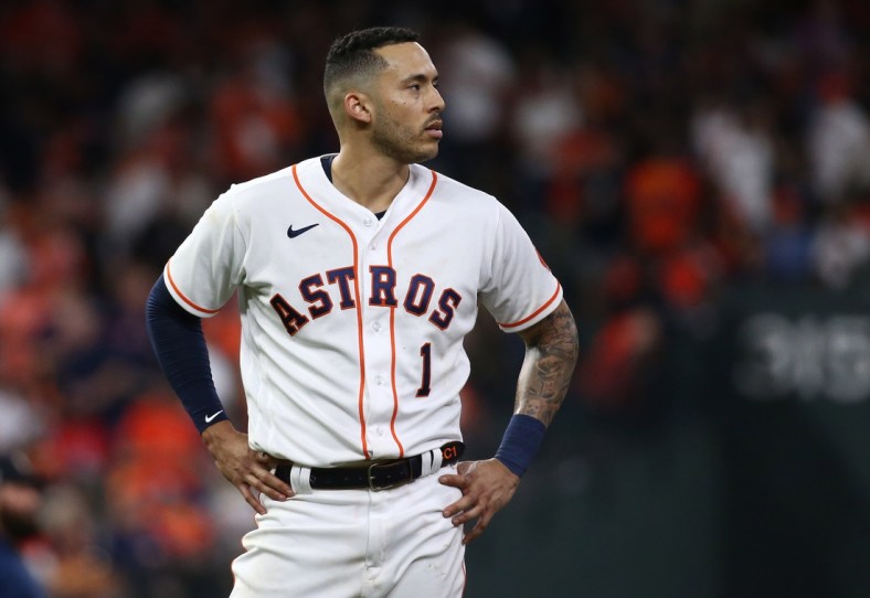 Nov 2, 2021; Houston, TX, USA; Houston Astros shortstop Carlos Correa (1) reacts after striking out against the Atlanta Braves during the sixth inning in game six of the 2021 World Series at Minute Maid Park. Mandatory Credit: Troy Taormina-USA TODAY Sports