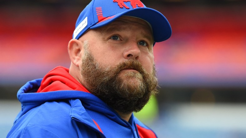 Oct 31, 2021; Orchard Park, New York, USA; Buffalo Bills offensive coordinator Brian Daboll prior to the game against the Miami Dolphins at Highmark Stadium. Mandatory Credit: Rich Barnes-USA TODAY Sports