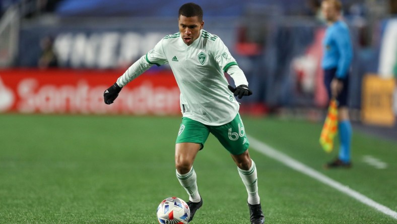 Oct 27, 2021; Foxborough, Massachusetts, USA; Colorado Rapids defender Lucas Esteves (66) possesses the ball during the first half against the New England Revolution at Gillette Stadium. Mandatory Credit: Paul Rutherford-USA TODAY Sports