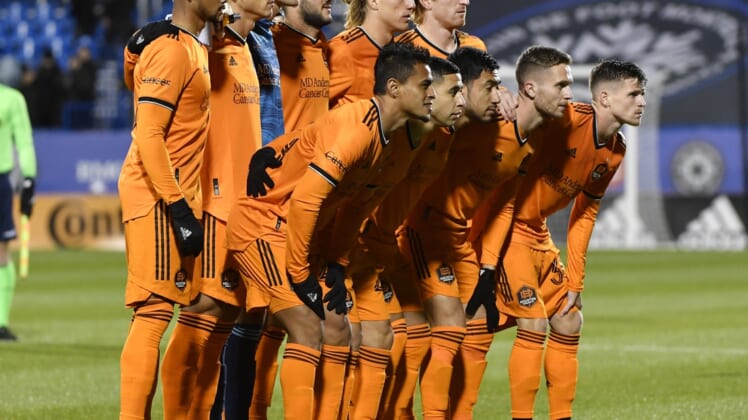 Nov 3, 2021; Montreal, Quebec, CAN; Houston Dynamo FC starting lineup poses for the team photographer before the game against the CF Montreal at Stade Saputo. Mandatory Credit: Eric Bolte-USA TODAY Sports