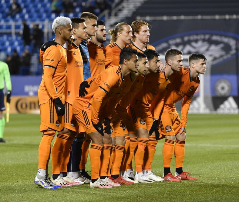 Nov 3, 2021; Montreal, Quebec, CAN; Houston Dynamo FC starting lineup poses for the team photographer before the game against the CF Montreal at Stade Saputo. Mandatory Credit: Eric Bolte-USA TODAY Sports