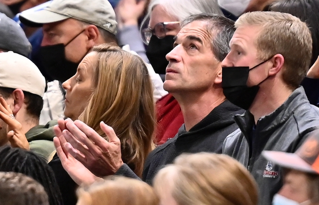 Nov 5, 2021; Spokane, WA, USA; NBA Hall of Fame John Stockton looks on during the Lewis-Clark State Warriors at Gonzaga Bulldogs men   s basketball game in the first half at McCarthey Athletic Center. Mandatory Credit: James Snook-USA TODAY Sports