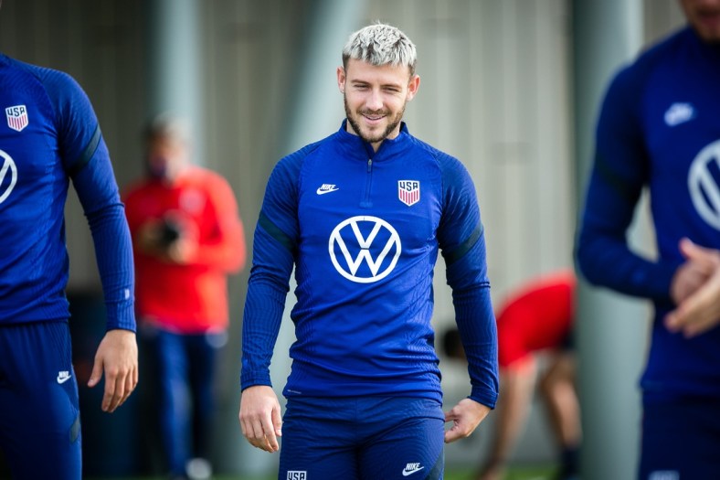 Nov 9, 2021; Milford, OH, USA; Paul Arriola, of the U.S. men's national team, prepares for practice at the Mercy Health Training Center, in Milford, on Tuesday, November 9, 2021. The team is training ahead of its fourth home match of the 2022 FIFA World Cup Qualifying campaign. USA is set to play Mexico on Friday, Nov. 12 at TQL Stadium. Mandatory Credit: Amanda Rossmann-USA TODAY NETWORK