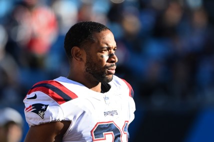 Nov 7, 2021; Charlotte, North Carolina, USA; New England Patriots safety Adrian Phillips (21) on the sidelines in the fourth quarter at Bank of America Stadium. Mandatory Credit: Bob Donnan-USA TODAY Sports