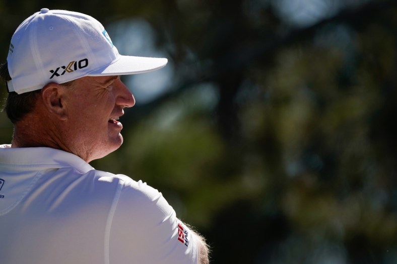 Nov 11, 2021; Phoenix, Arizona, USA; Ernie Els warms up on the practice range during the first round of the Charles Schwab Cup Championship golf tournament at Phoenix Country Club. Mandatory Credit: Allan Henry-USA TODAY Sports