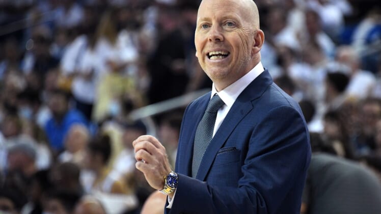 Nov 12, 2021; Los Angeles, California, USA; UCLA Bruins head coach Mick Cronin looks on from the bench during the first half against the Villanova Wildcats at Pauley Pavilion. Mandatory Credit: Richard Mackson-USA TODAY Sports