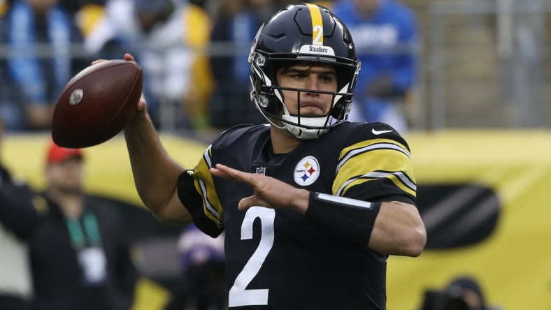 Nov 14, 2021; Pittsburgh, Pennsylvania, USA;  Pittsburgh Steelers quarterback Mason Rudolph (2) passes against the Detroit Lions during the first quarter at Heinz Field. Mandatory Credit: Charles LeClaire-USA TODAY Sports