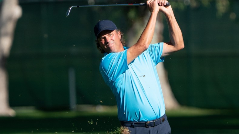 Nov 14, 2021; Phoenix, Arizona, USA; Stephen Ames watches his approach to the ninth during the final round of the Charles Schwab Cup Championship golf tournament at Phoenix Country Club. Mandatory Credit: Allan Henry-USA TODAY Sports