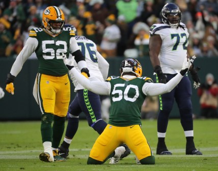 Green Bay Packers defensive end Whitney Mercilus (50) celebrates his sack of Seattle Seahawks quarterback Russell Wilson during the first quarter of their game Sunday, November 14, 2021 at Lambeau Field in Green Bay, Wis. The Green Bay Packers beat the Seattle Seahawks 17-0.

Packers15 11