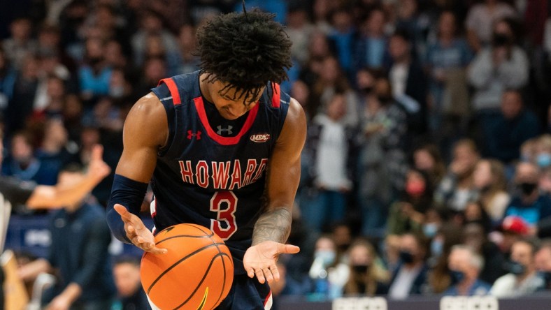 Nov 16, 2021; Villanova, Pennsylvania, USA; Howard Bison guard Elijah Hawkins (3) reacts after a foul against the Villanova Wildcats during the second half at William B. Finneran Pavilion. Mandatory Credit: Bill Streicher-USA TODAY Sports