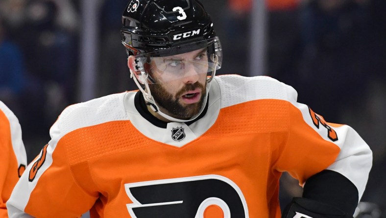 Nov 10, 2021; Philadelphia, Pennsylvania, USA; Philadelphia Flyers defenseman Keith Yandle (3) against the Toronto Maple Leafs at Wells Fargo Center. Mandatory Credit: Eric Hartline-USA TODAY Sports