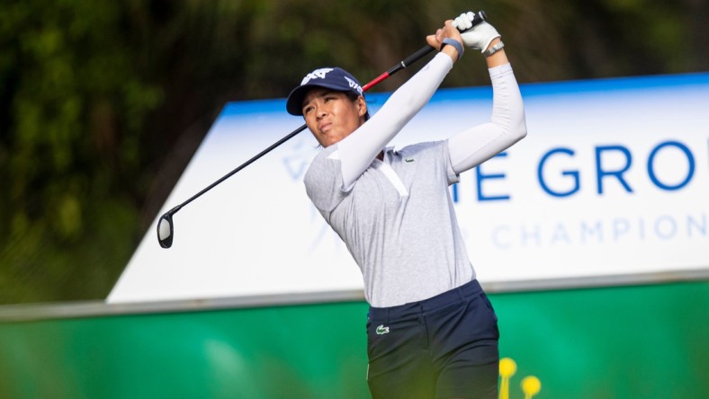 Celine Boutier plays the third round of the CME Group Tour Championship at Ritz Carlton Golf Resort , Tiburon Golf Club in Naples on Saturday, Nov. 20, 2021. She was tied for the lead with several other players.

Celine5