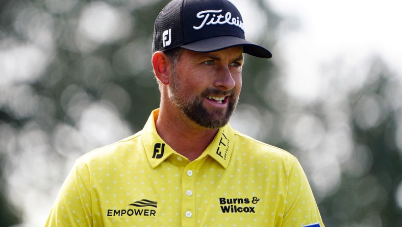 Nov 21, 2021; Sea Island, Georgia, USA; Webb Simpson walks off the second tee during the final round of the RSM Classic golf tournament at Sea Island Golf Club - Plantation Course. Mandatory Credit: John David Mercer-USA TODAY Sports