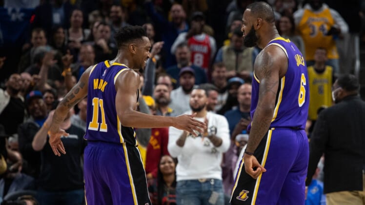Nov 24, 2021; Indianapolis, Indiana, USA; Los Angeles Lakers forward LeBron James (6) and Los Angeles Lakers guard Malik Monk (11) celebrate a made basket in the second half against the Indiana Pacers at Gainbridge Fieldhouse. Mandatory Credit: Trevor Ruszkowski-USA TODAY Sports