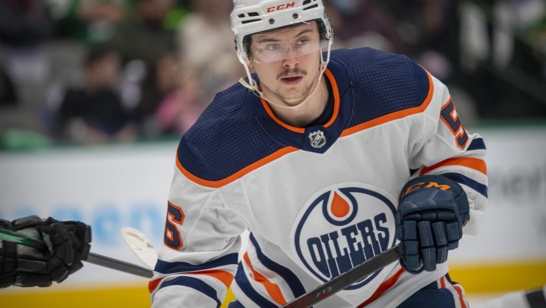 Nov 23, 2021; Dallas, Texas, USA; Edmonton Oilers right wing Kailer Yamamoto (56) in action during the game between the Dallas Stars and the Edmonton Oilers at the American Airlines Center. Mandatory Credit: Jerome Miron-USA TODAY Sports