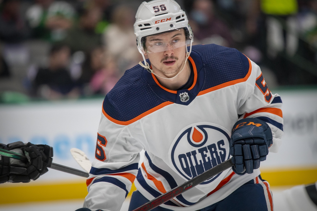 Nov 23, 2021; Dallas, Texas, USA; Edmonton Oilers right wing Kailer Yamamoto (56) in action during the game between the Dallas Stars and the Edmonton Oilers at the American Airlines Center. Mandatory Credit: Jerome Miron-USA TODAY Sports