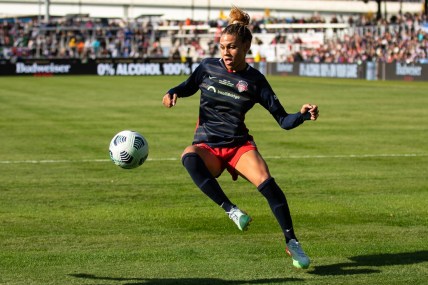 Nov 20, 2021; Louisville, Kentucky, USA; Washington Spirit forward Trinity Rodman (2) plays on the ball during the NWSL Championship match against the Chicago Red Stars at Lynn Family Stadium. Mandatory Credit: Jordan Prather-USA TODAY Sports