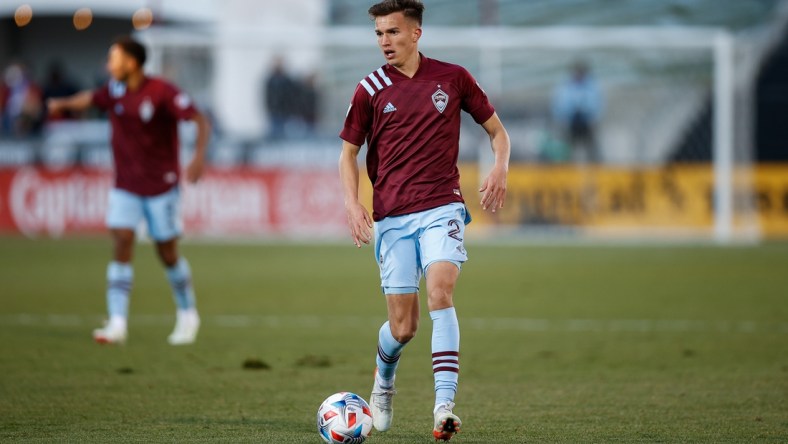 Nov 25, 2021; Commerce City, CO, USA; Colorado Rapids midfielder Cole Bassett (26) controls the ball in the second half against the Portland Timbers at Dick's Sporting Goods Park. Mandatory Credit: Isaiah J. Downing-USA TODAY Sports