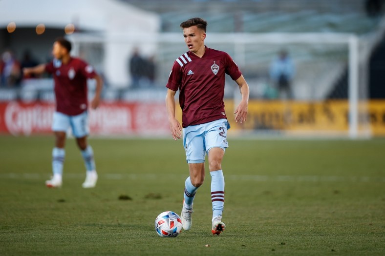 Nov 25, 2021; Commerce City, CO, USA; Colorado Rapids midfielder Cole Bassett (26) controls the ball in the second half against the Portland Timbers at Dick's Sporting Goods Park. Mandatory Credit: Isaiah J. Downing-USA TODAY Sports