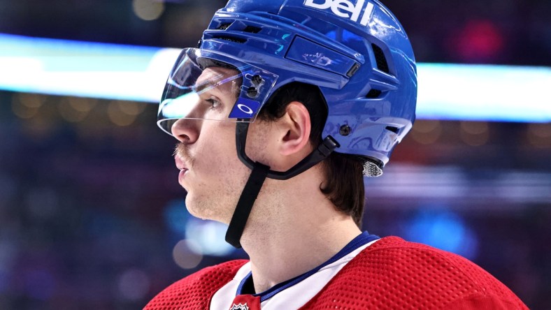 Nov 29, 2021; Montreal, Quebec, CAN; Montreal Canadiens center Jake Evans (71) during the warm-up session before the game against Vancouver Canucks at Bell Centre. Mandatory Credit: Jean-Yves Ahern-USA TODAY Sports