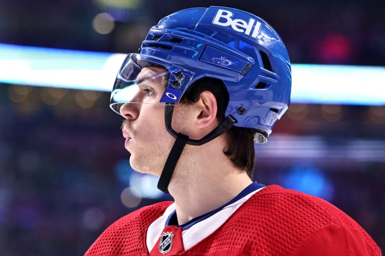 Nov 29, 2021; Montreal, Quebec, CAN; Montreal Canadiens center Jake Evans (71) during the warm-up session before the game against Vancouver Canucks at Bell Centre. Mandatory Credit: Jean-Yves Ahern-USA TODAY Sports
