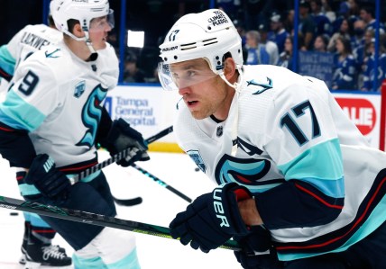 Nov 26, 2021; Tampa, Florida, USA; Seattle Kraken left wing Jaden Schwartz (17) skates  before the game against the Tampa Bay Lightning at Amalie Arena. Mandatory Credit: Reinhold Matay-USA TODAY Sports