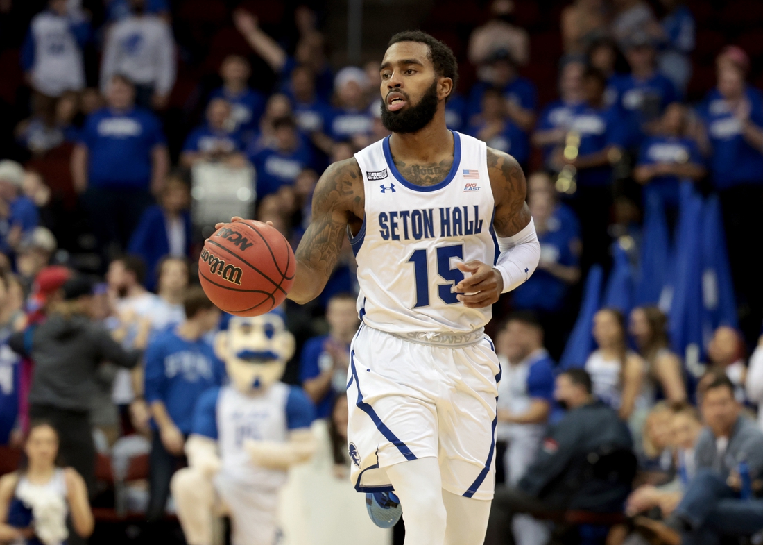 Dec 1, 2021; Newark, New Jersey, USA; Seton Hall Pirates guard Jamir Harris (15) dribbles up court against the Wagner Seahawks during the second half at Prudential Center. Mandatory Credit: Vincent Carchietta-USA TODAY Sports