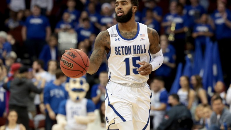 Dec 1, 2021; Newark, New Jersey, USA; Seton Hall Pirates guard Jamir Harris (15) dribbles up court against the Wagner Seahawks during the second half at Prudential Center. Mandatory Credit: Vincent Carchietta-USA TODAY Sports