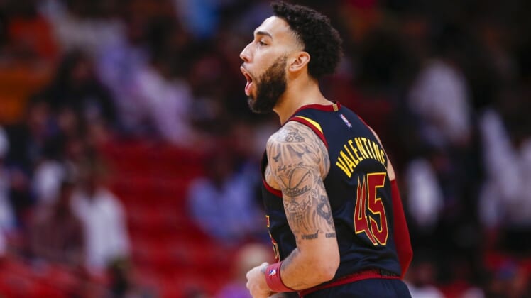 Dec 1, 2021; Miami, Florida, USA; Cleveland Cavaliers guard Denzel Valentine (45) reacts against the Miami Heat during the fourth quarter at FTX Arena. Mandatory Credit: Sam Navarro-USA TODAY Sports