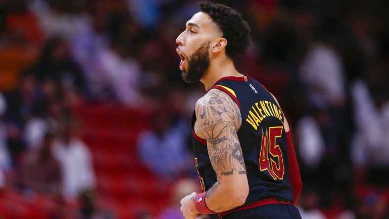 Dec 1, 2021; Miami, Florida, USA; Cleveland Cavaliers guard Denzel Valentine (45) reacts against the Miami Heat during the fourth quarter at FTX Arena. Mandatory Credit: Sam Navarro-USA TODAY Sports